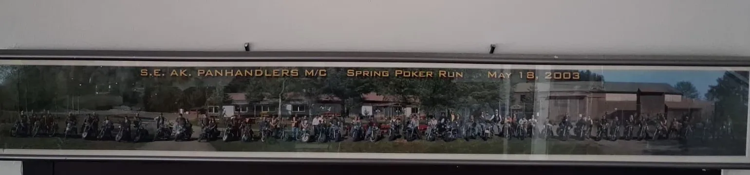 S.E. Alaska Panhandlers M/C Spring Poker Run, May 18, 2003 - panoramic group photo with motorcycles
