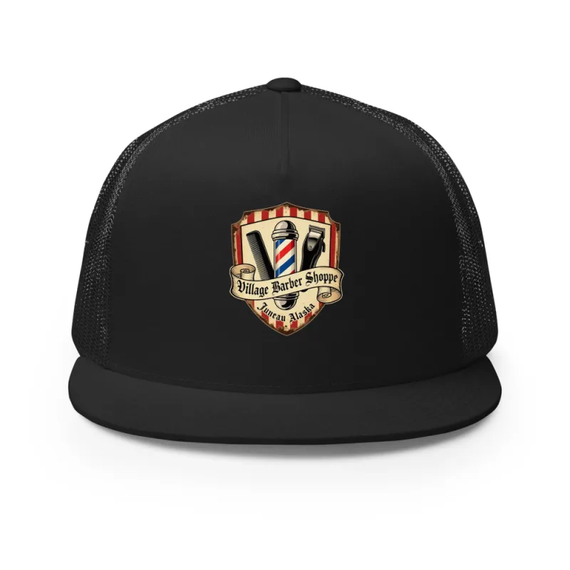 Village Barber Shoppe Logo Hat: black trucker hat with the full-color crest