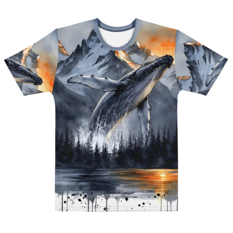 The Whale Tee: all-over watercolor of a breaching humpback